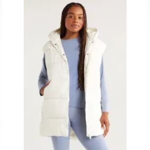 ZELLA Longline Hooded Puffer Vest | Ivory | Size XS